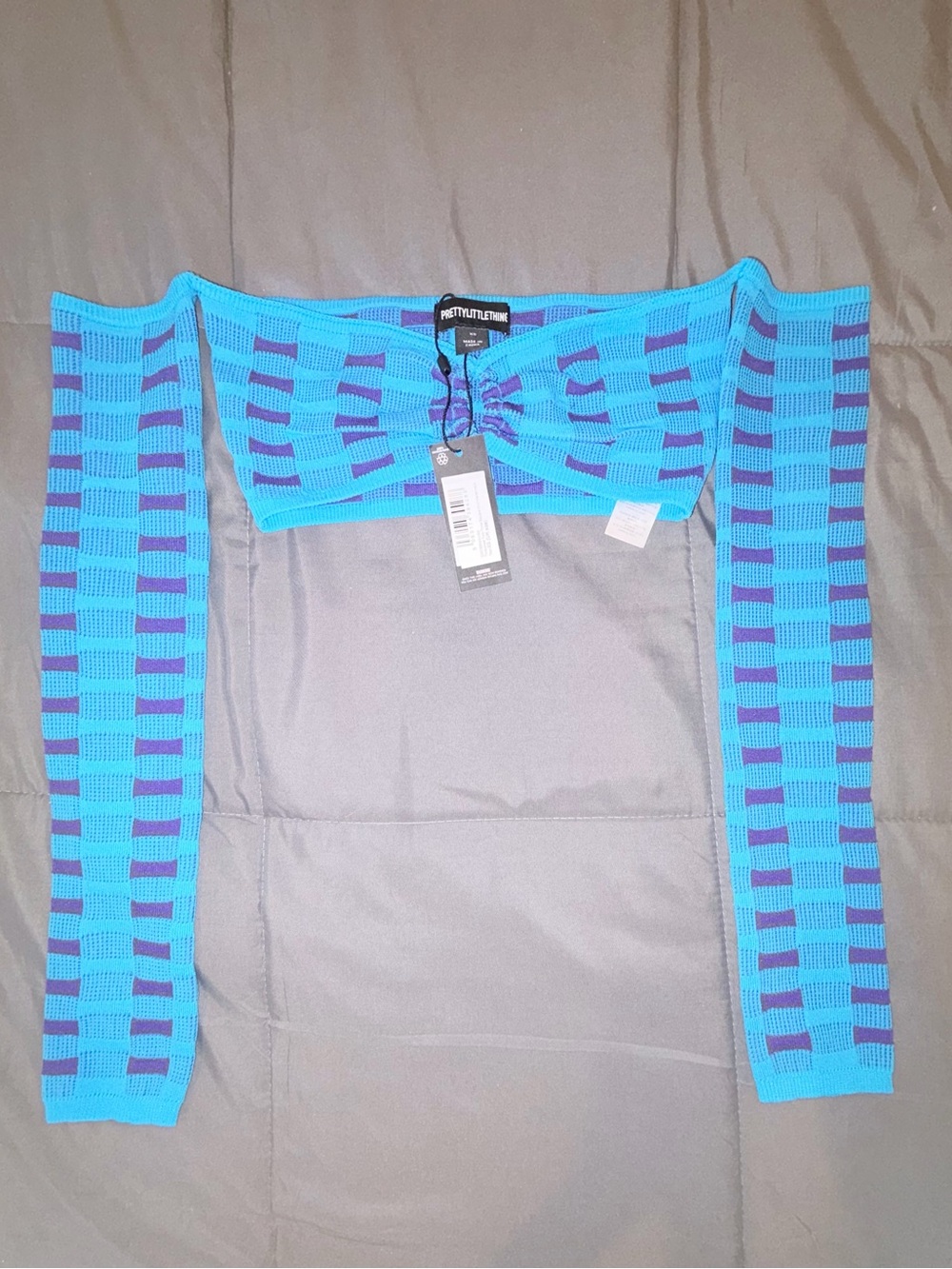 PrettyLittleThing XS Blue Purple Cut Out Knit 2 Piece Set Off Shoulder Crop Top - Picture 2 of 12